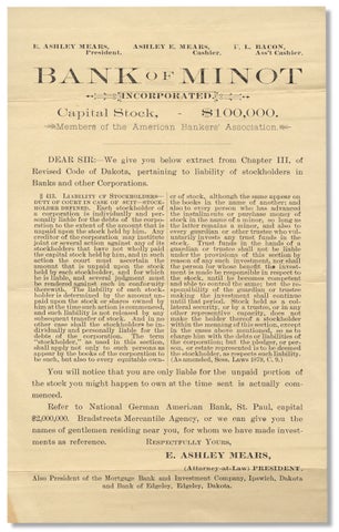 1888 –1889 Bank of Minot, Dakota Territory Collection.