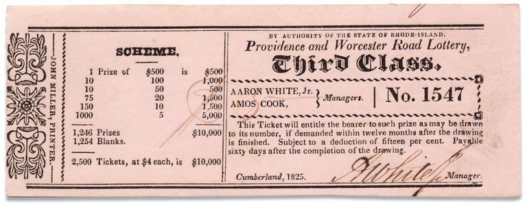 [3731791] Providence and Worcester Road Lottery. [1825 Rhode Island lottery ticket]. Manager i. e. Aaron White Jr. A. White Jr.
