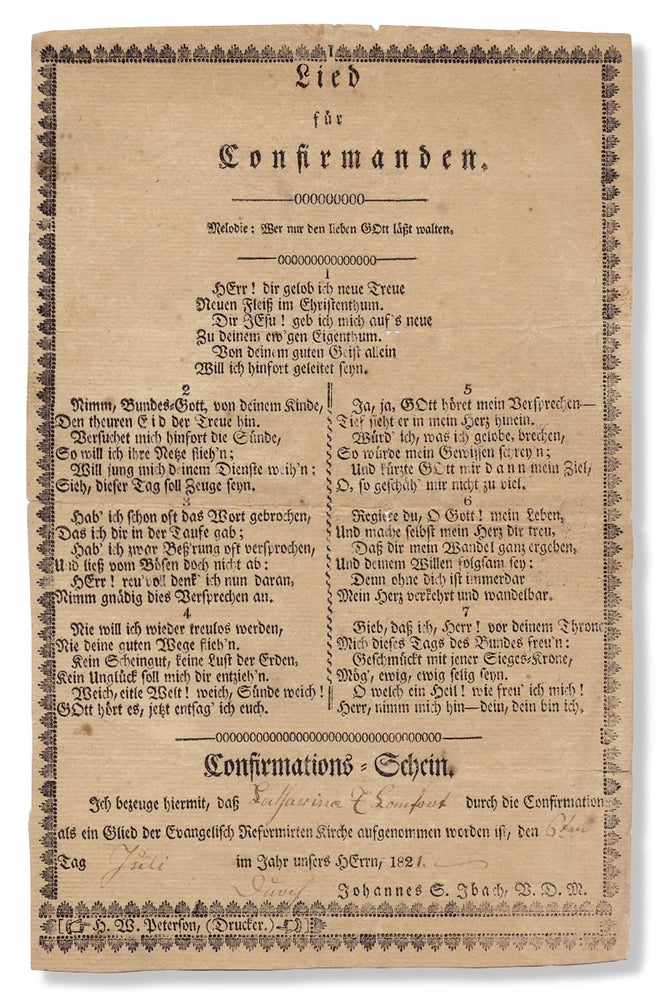 [3731803] Lied für Confirmanden. [“Song for Confirmands”; 1820 Carlisle, Pa. confirmation certificate]. V. D. M. Johannes S. Ibach, a k. a. John S. Ebaugh.