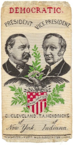 3731853] 1884 Grover Cleveland U.S. Presidential Democratic Campaign Silk Ribbon. Schweizer, Kartz
