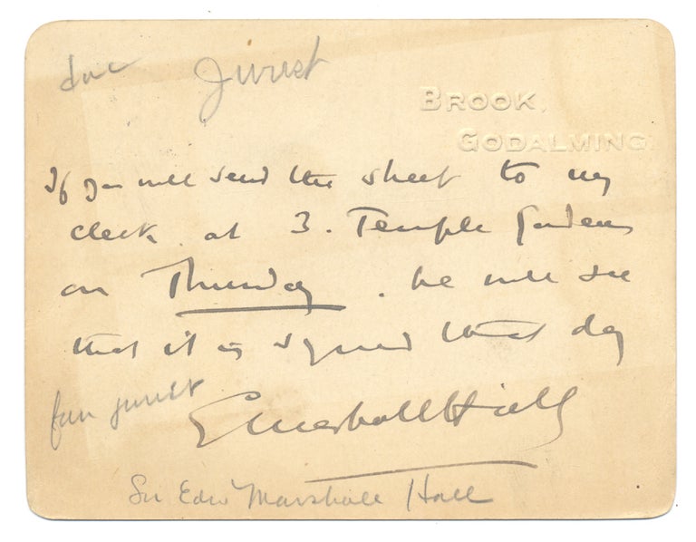 [3731900] Autograph Note Signed by “The Great Defender” —famed lawyer Sir Edward Marshall Hall. Sir Edward Marshall Hall, 1858–1927.