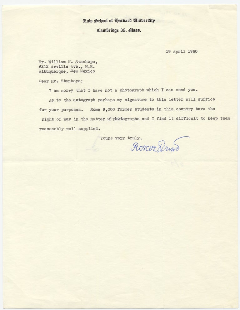 [3731904] 1960 Typed Letter Signed by Roscoe Pound as head of Harvard University’s law school. Roscoe Pound.