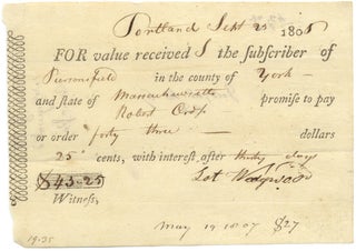 3731907] 1808 partially-printed promissory note signed by Lot Wedgwood of Parsonfield, York...