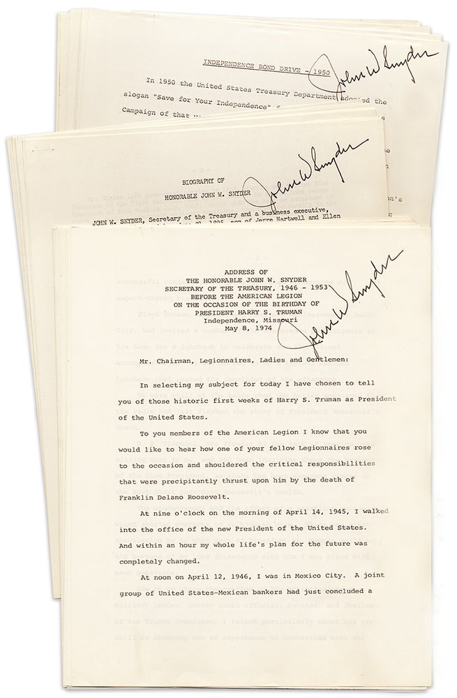 [3731922] Birthday Speech in Honor of President Harry S. Truman Signed by U.S. Secretary of the Treasury John W. Snyder; with Additional Signed Snyder Material. John W. Snyder.