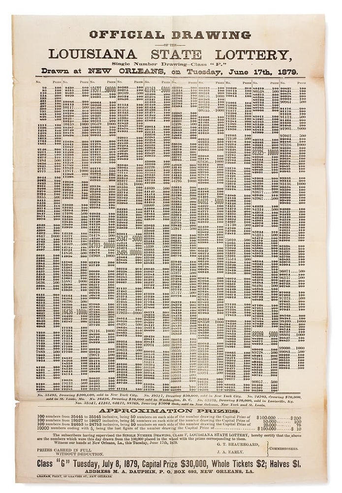 [3731943] Official Drawing of the Louisiana State Lottery ... Drawn at New Orleans, on Tuesday, June 17th, 1879 [opening lines of broadside]. M A. Dauphin.