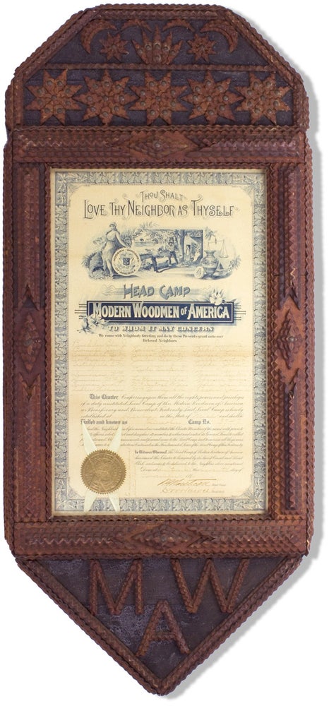 [3732602] [Michigan Tramp Art] Charter for Lincoln Camp No. 3747 Modern Woodman of America, Derby, Michigan. Lincoln Camp No. 3747.