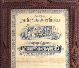 [Michigan Tramp Art] Charter for Lincoln Camp No. 3747 Modern Woodman of America, Derby, Michigan.