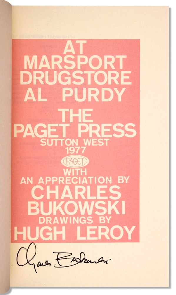 [3732663] At Marsport Drugstore. With an Appreciation by Charles Bukowski. Drawings by Hugh Leroy. (Signed by Bukowski). Al Purdy, Charles Bukowski.