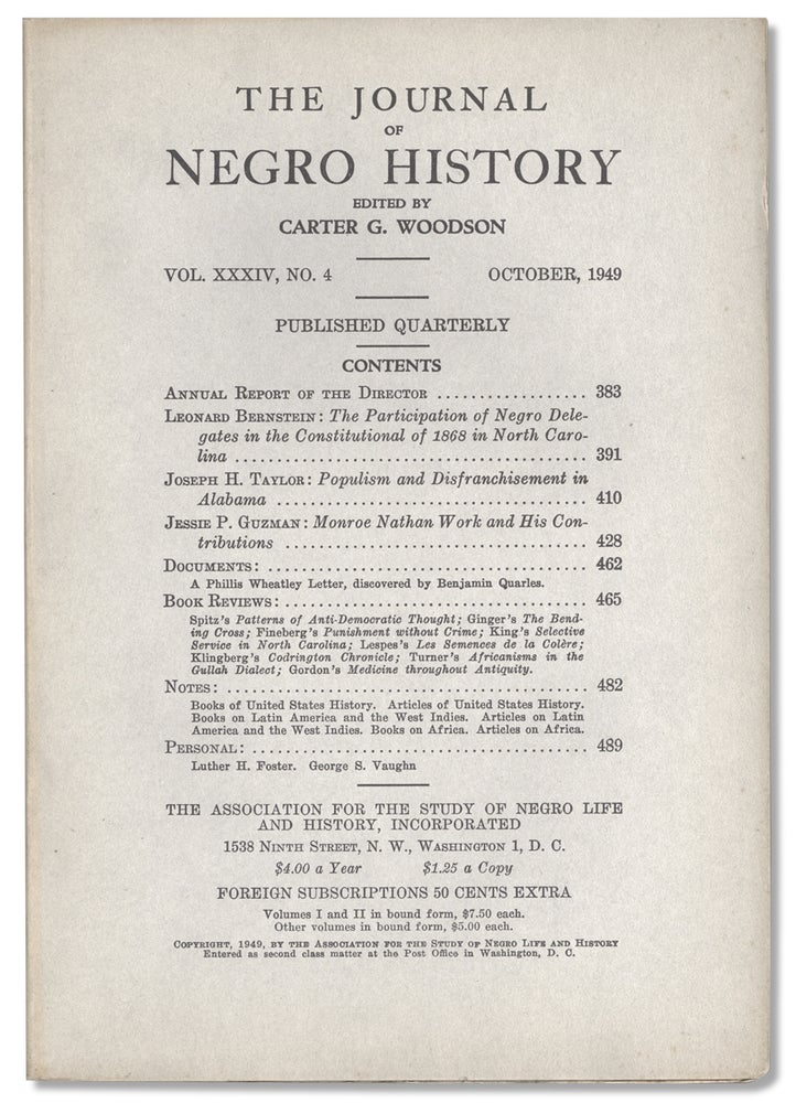 [3732916] The Journal of Negro History, Vol. XXXIV, No. 4, October 1949. Carter G. Woodson, 1875–1950.