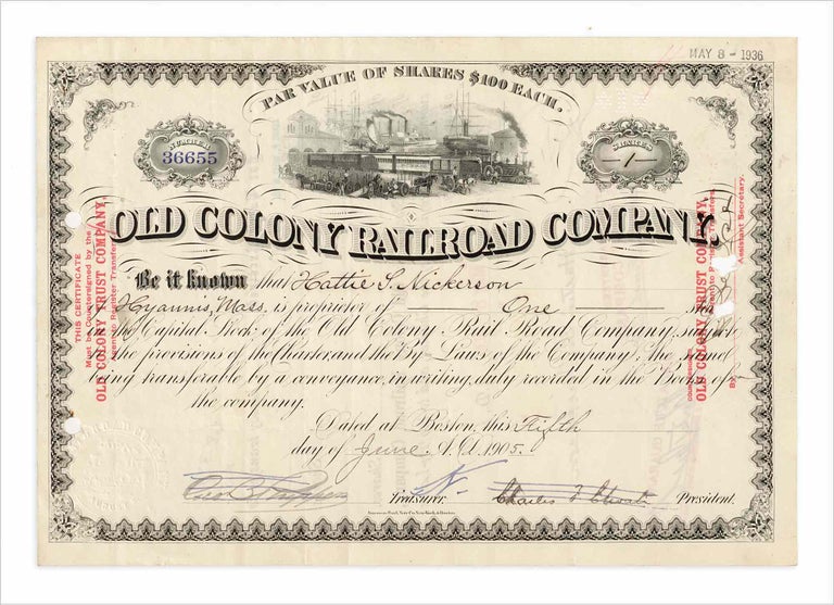 [3733262] 1905 Old Colony Railroad Company stock certificate. Old Colony Railroad Company.