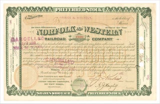 3733265] 1886 Norfolk and Western Railroad Company stock certificate. President F J. Kimball,...