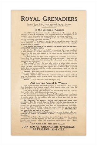 “To the Women of Canada.” First World War Canadian Expeditionary Force recruiting broadside.