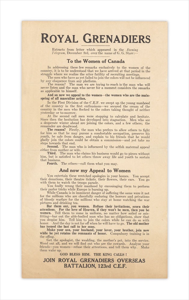 [3733323] “To the Women of Canada.” First World War Canadian Expeditionary Force recruiting broadside. G G. Starr.