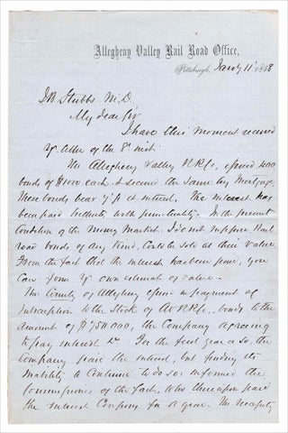 1858 ALS by Allegheny Valley Railroad president and Pennsylvania governor, William F. Johnston.