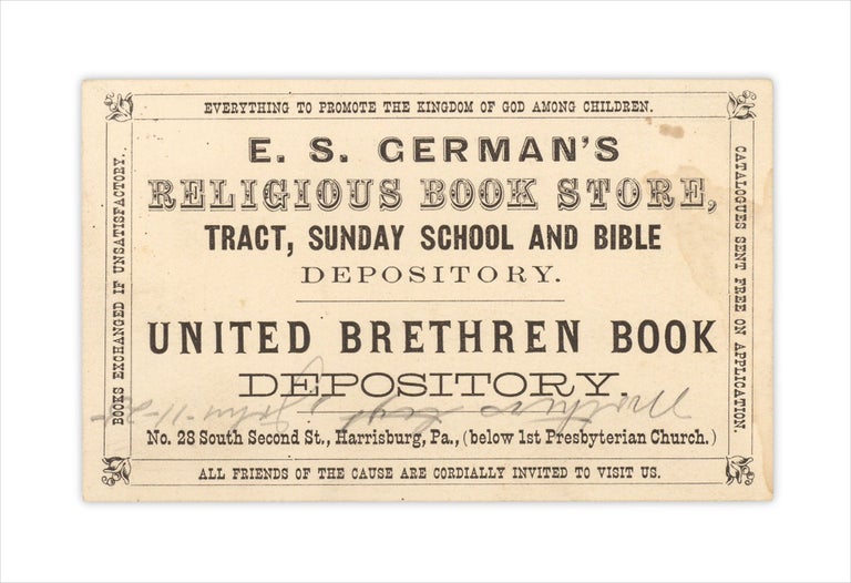[3733435] E.S. German’s Religious Book Store, Tract, Sunday School and Bible Depository… [trade card]. The Company.