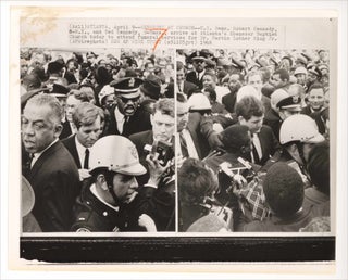 3733480] Two 1968 wire press photographs of Robert Kennedy and others at the funeral services for...