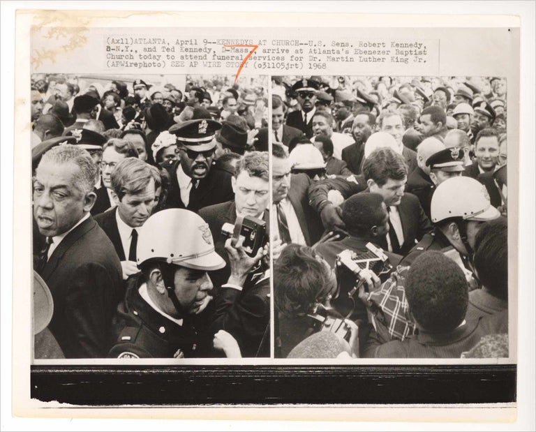 [3733480] Two 1968 wire press photographs of Robert Kennedy and others at the funeral services for Dr. Martin Luther King, Jr. in Atlanta. AP Wire.