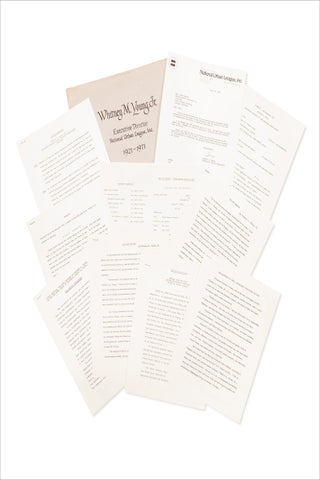 Memorial press packet for Whitney M. Young Jr., Civil Rights leader, featuring funeral arrangements, career highlights, selected speeches, and articles.