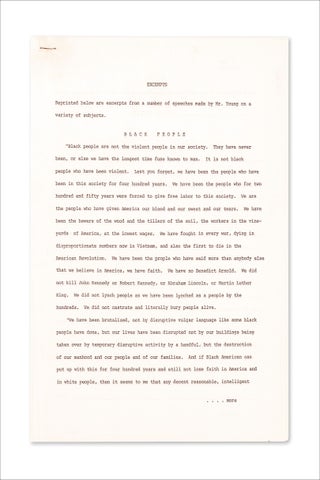 Memorial press packet for Whitney M. Young Jr., Civil Rights leader, featuring funeral arrangements, career highlights, selected speeches, and articles.
