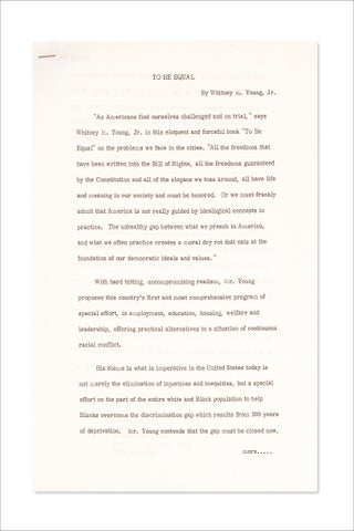 Memorial press packet for Whitney M. Young Jr., Civil Rights leader, featuring funeral arrangements, career highlights, selected speeches, and articles.