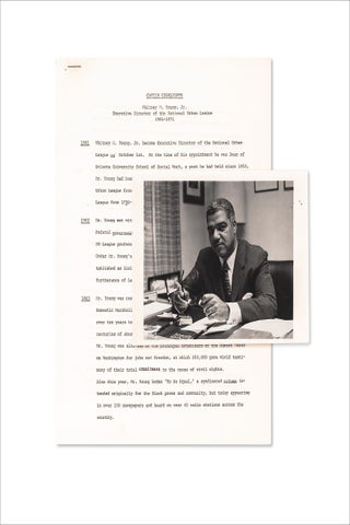 Memorial press packet for Whitney M. Young Jr., Civil Rights leader, featuring funeral arrangements, career highlights, selected speeches, and articles.