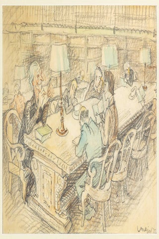 1925 Original Drawing of Library Scene with Readers (Possibly the New York Public Library) by Henrik Major, Hungarian-American caricaturist and artist.