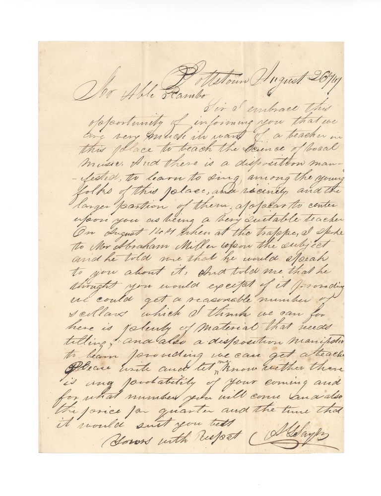 [3735374] 1867 autograph letter signed soliciting a musical instructor for rural youth in Pottstown, Pennsylvania. &ldquo;M S., Saylor&rdquo;.