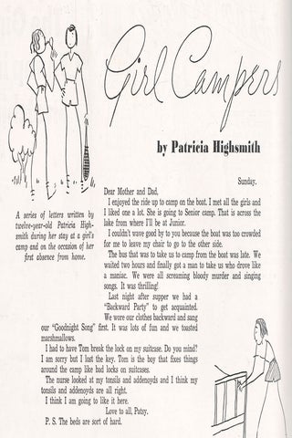 &ldquo;Girl Campers&rdquo; by Patricia Highsmith [first published work, in:] Woman&rsquo;s World. July, 1935.