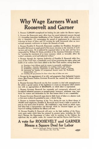 Group of Ten 1930s Campaign Broadsides for Franklin Delano Roosevelt and John Nance Garner issued by the Democratic National Committee.